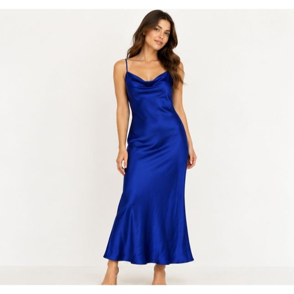 bebe Womens S Royal Blue Satin Slip Maxi Dress Cowl Neck Made USA 90s Minimalist